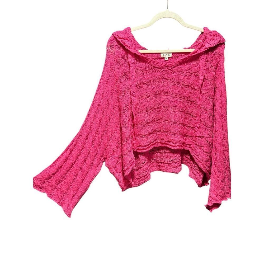 POL Hot Pink Open Knit Cropped Hoodie Sweater Boho Lace Long Sleeve Top NEW - Picture 8 of 14